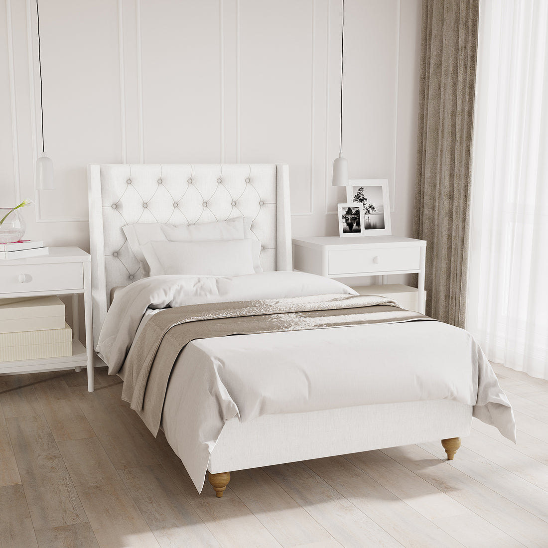 Vilania Tufted Fabric Bed Frame - Single - Off White, featuring a tufted headboard with soft fabric upholstery, visible solid wood frame, and slat system, showcased with nearby linens and pillows in a bedroom setting.