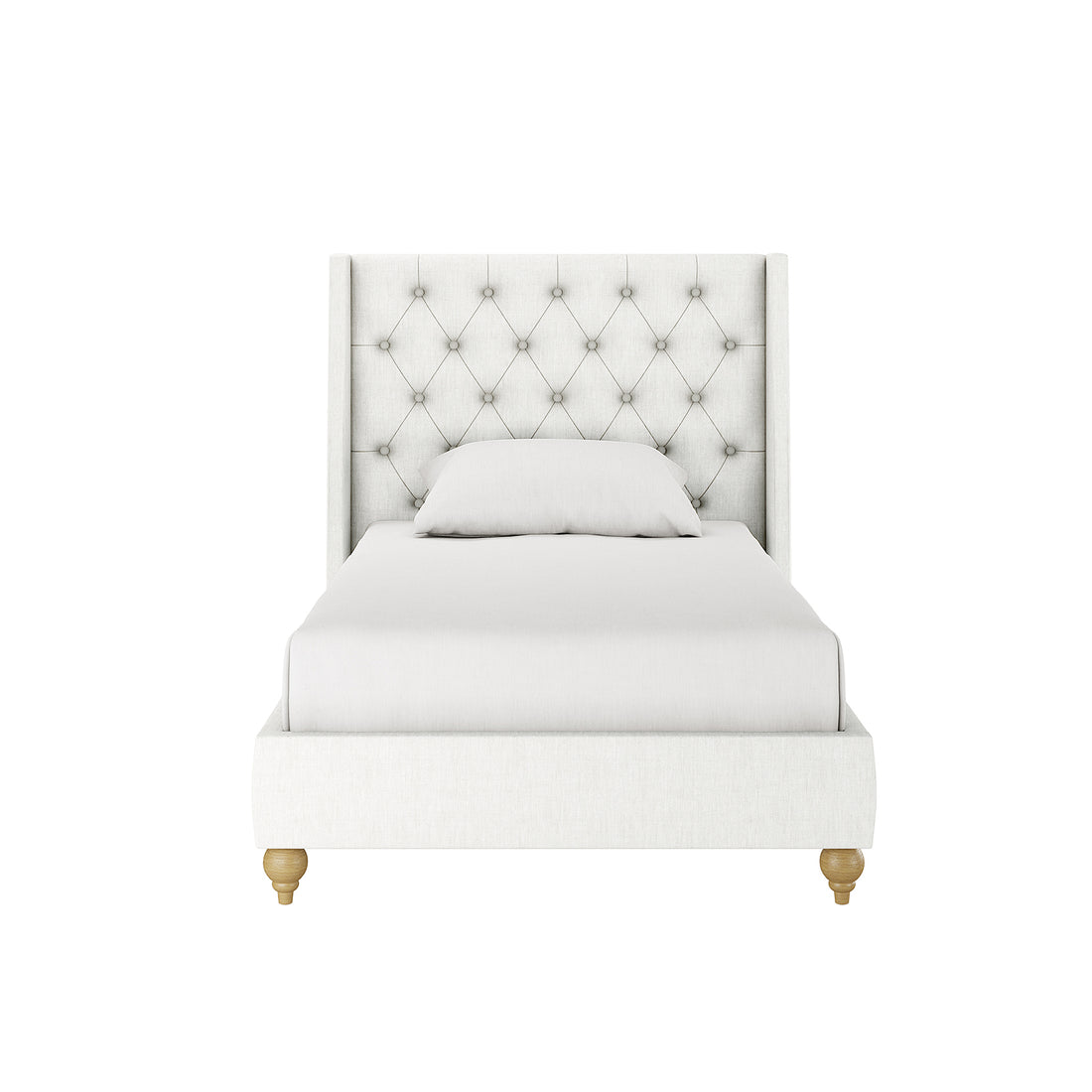 Vilania Tufted Fabric Bed Frame - Single - Off White features a close-up of the tufted headboard and white upholstery, highlighting the minimalist design with a white pillow resting on the bed.