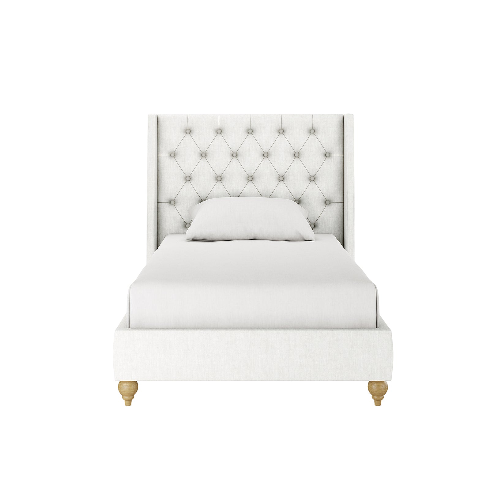 Vilania Tufted Fabric Bed Frame - Single - Off White features a close-up of the tufted headboard and white upholstery, highlighting the minimalist design with a white pillow resting on the bed.