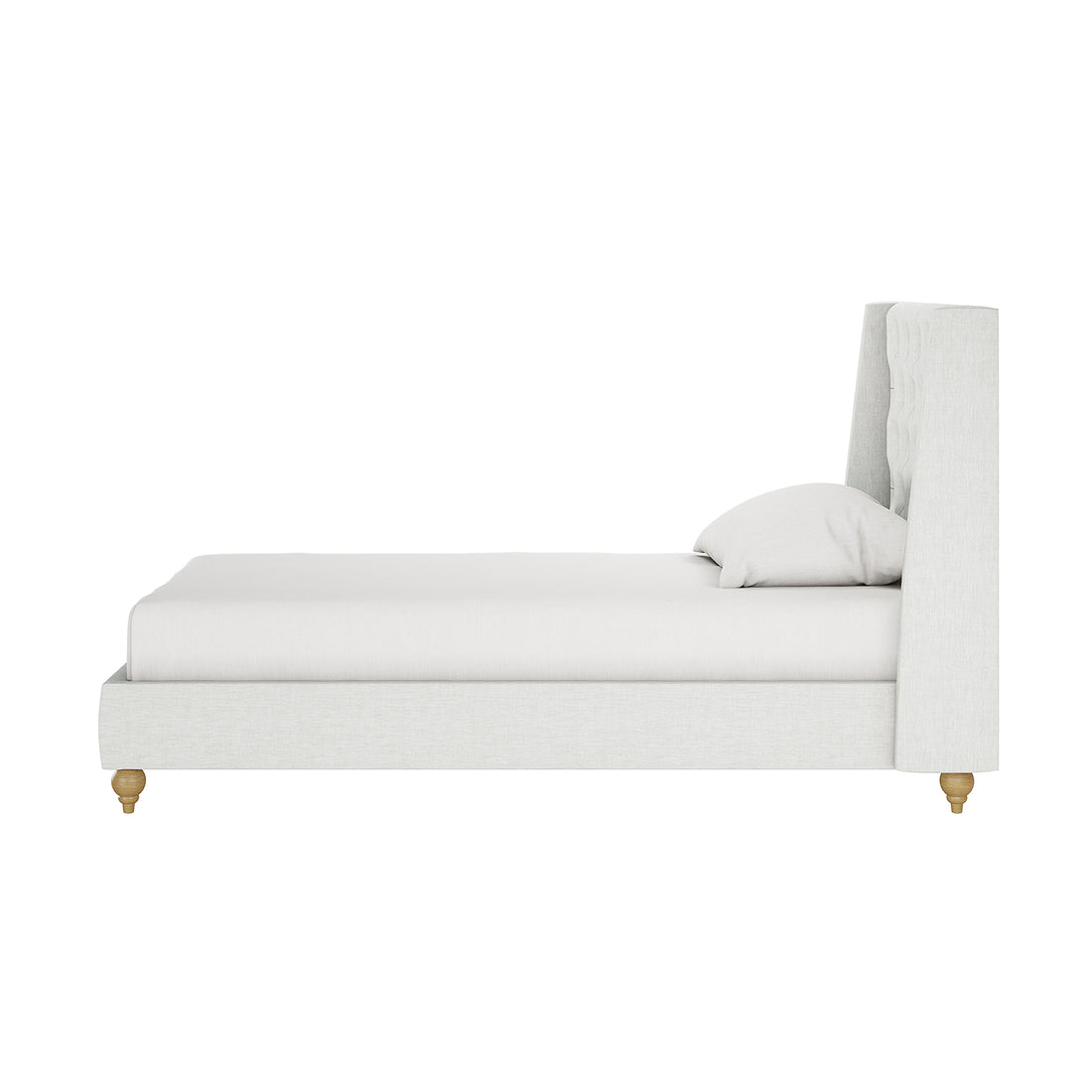 Vilania Tufted Fabric Bed Frame - Single - Off White, featuring a tufted headboard and low-profile design, displayed with a white pillow on a chair, highlighting its minimalist elegance and upholstery texture.
