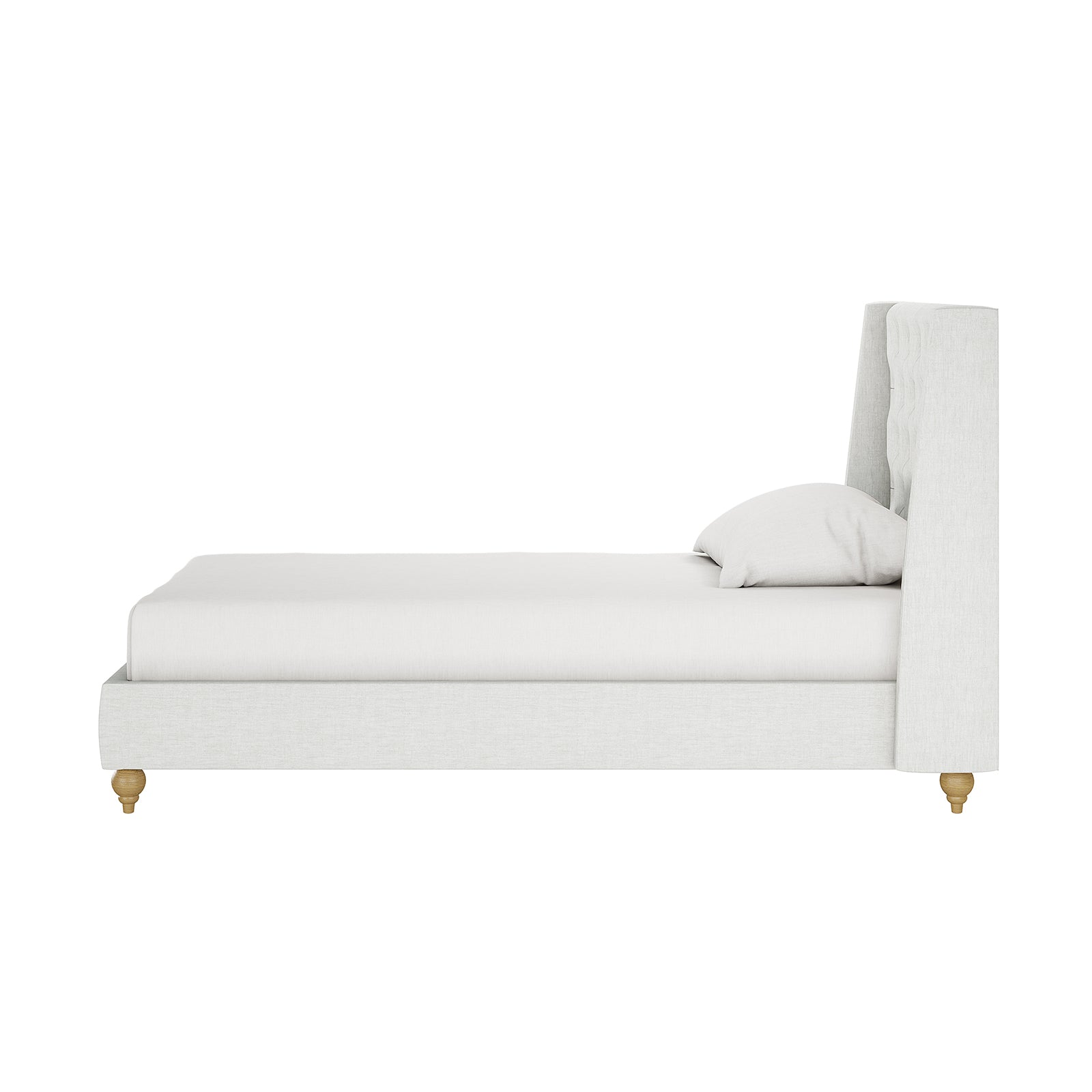 Vilania Tufted Fabric Bed Frame - Single - Off White, featuring a tufted headboard and low-profile design, displayed with a white pillow on a chair, highlighting its minimalist elegance and upholstery texture.