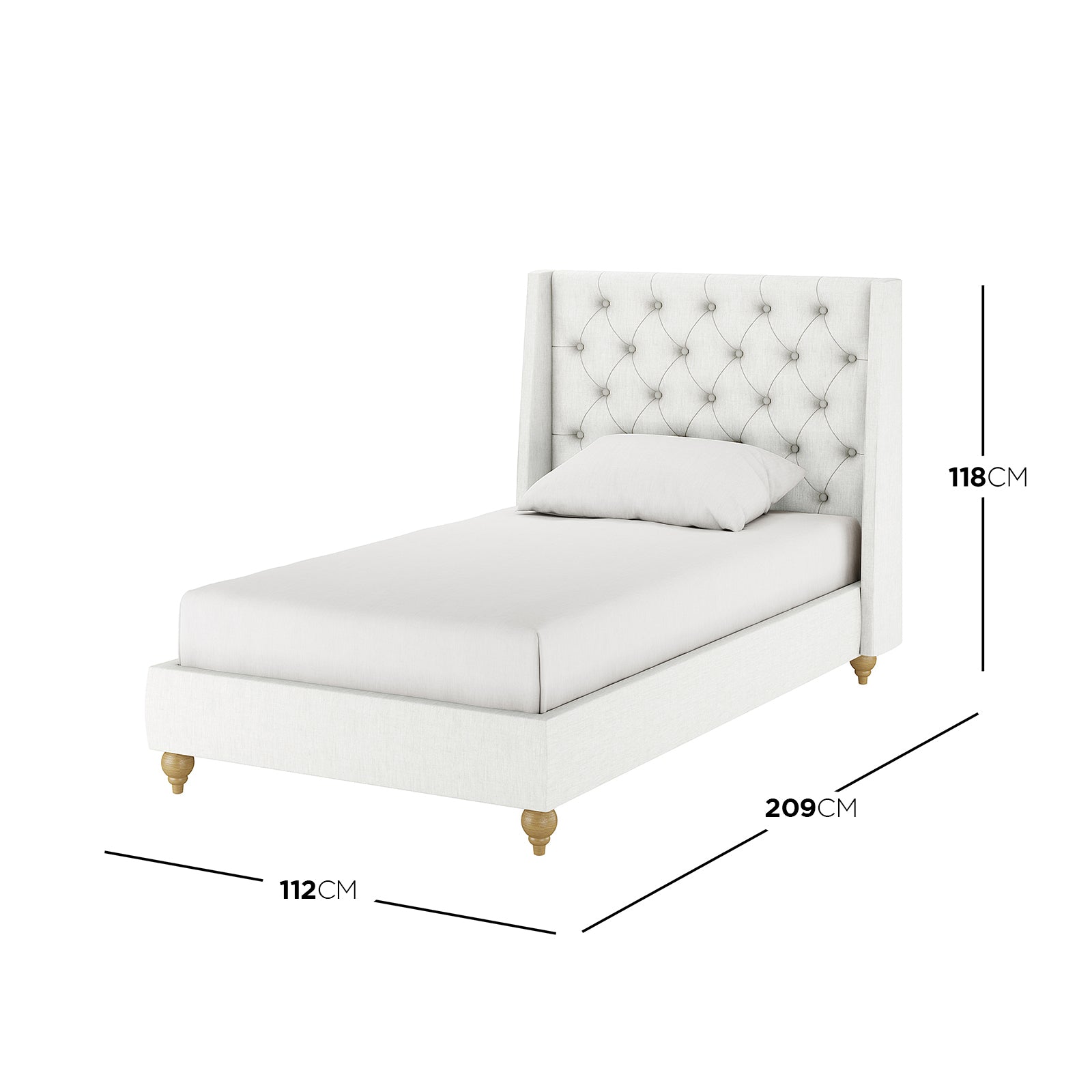 Vilania Tufted Fabric Bed Frame - Single - Off White, featuring a tufted headboard and low-profile design, displayed on a bed with a white pillow, highlighting its elegant and minimalist appeal.