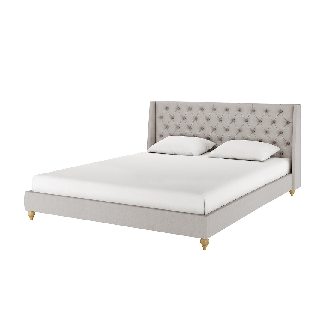 Vilania Tufted Fabric Bed Frame - Super King - Grey features a tufted headboard, visible solid wood frame, and slat system, with white bedding including sheets and pillows. Luxurious and spacious design.