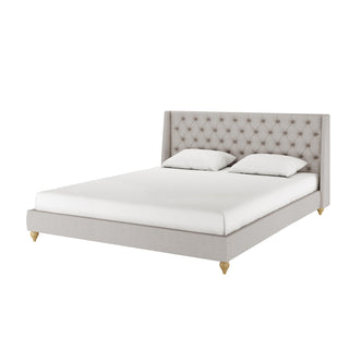 Vilania Tufted Fabric Bed Frame - Super King - Grey features a tufted headboard, visible solid wood frame, and slat system, with white bedding including sheets and pillows. Luxurious and spacious design.