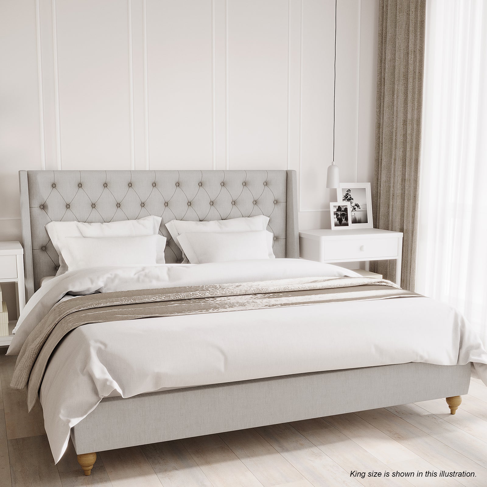 Vilania Tufted Fabric Bed Frame - Super King - Grey, featuring a tufted headboard and elegant grey fabric, positioned on a bed, with a white pillow and adjacent white drawer with a knob.