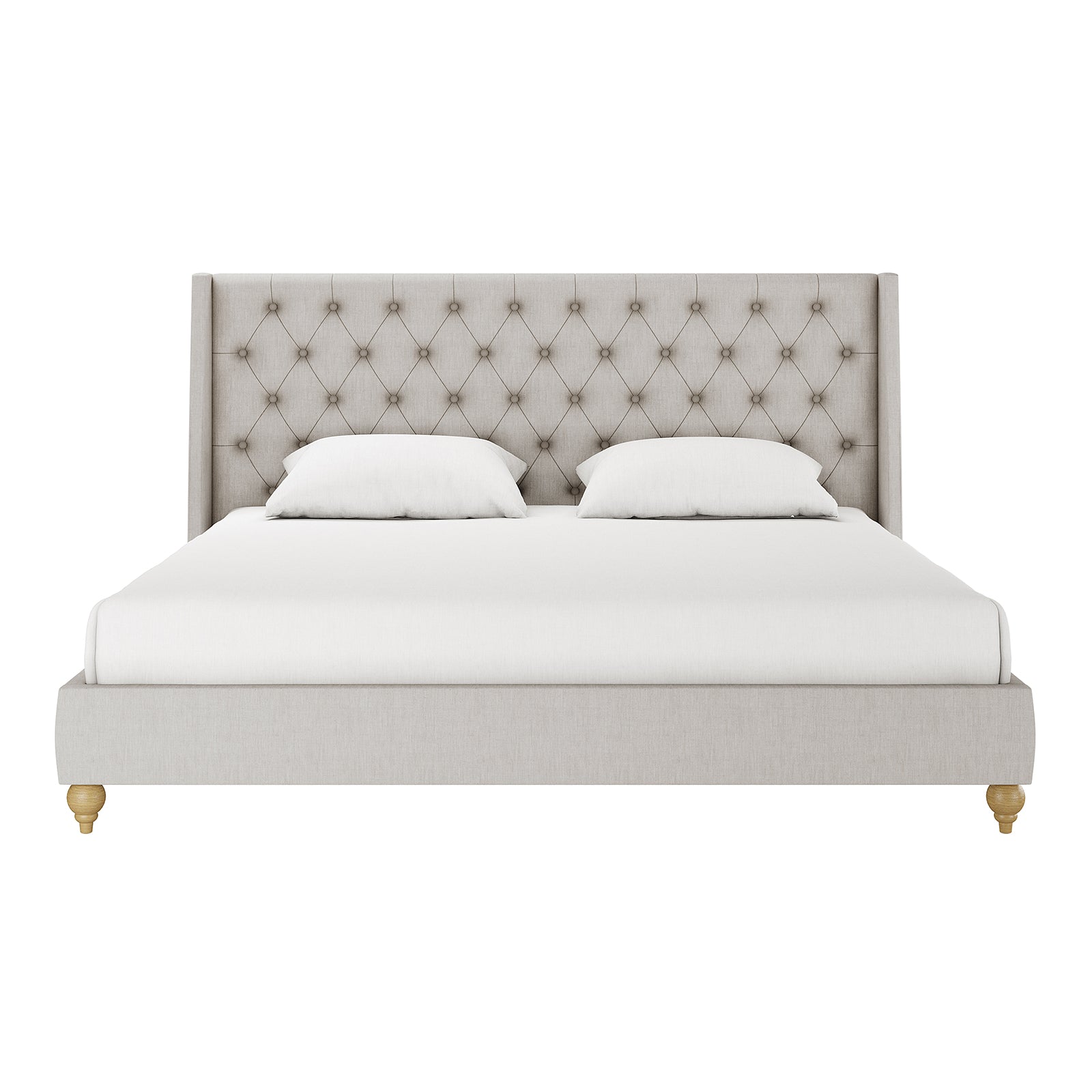 Vilania Tufted Fabric Bed Frame - Super King features a close-up of a luxuriously tufted headboard, highlighting its elegant craftsmanship and substantial presence on a bed, emphasizing comfort and sophistication.