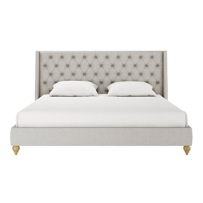 Vilania Tufted Fabric Bed Frame - Super King features a close-up of a luxuriously tufted headboard, highlighting its elegant craftsmanship and substantial presence on a bed, emphasizing comfort and sophistication.