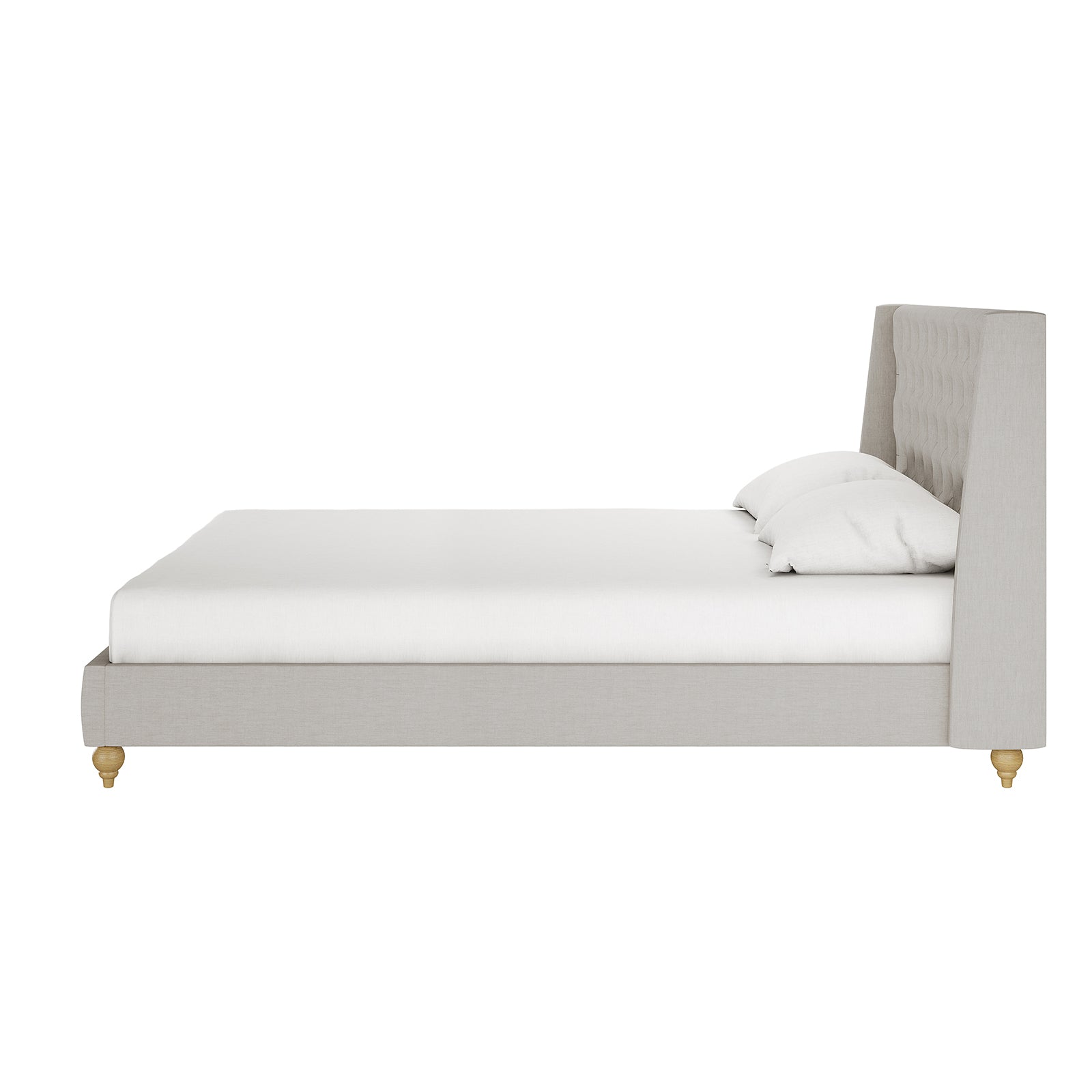 Vilania Tufted Fabric Bed Frame - Super King, featuring a luxurious tufted headboard and sturdy design. The image highlights the bed's elegant structure with white sheets and pillows accentuating its grandeur.