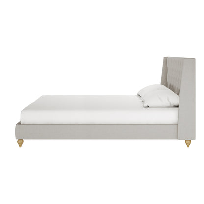 Vilania Tufted Fabric Bed Frame - Super King, featuring a luxurious tufted headboard and sturdy design. The image highlights the bed's elegant structure with white sheets and pillows accentuating its grandeur.
