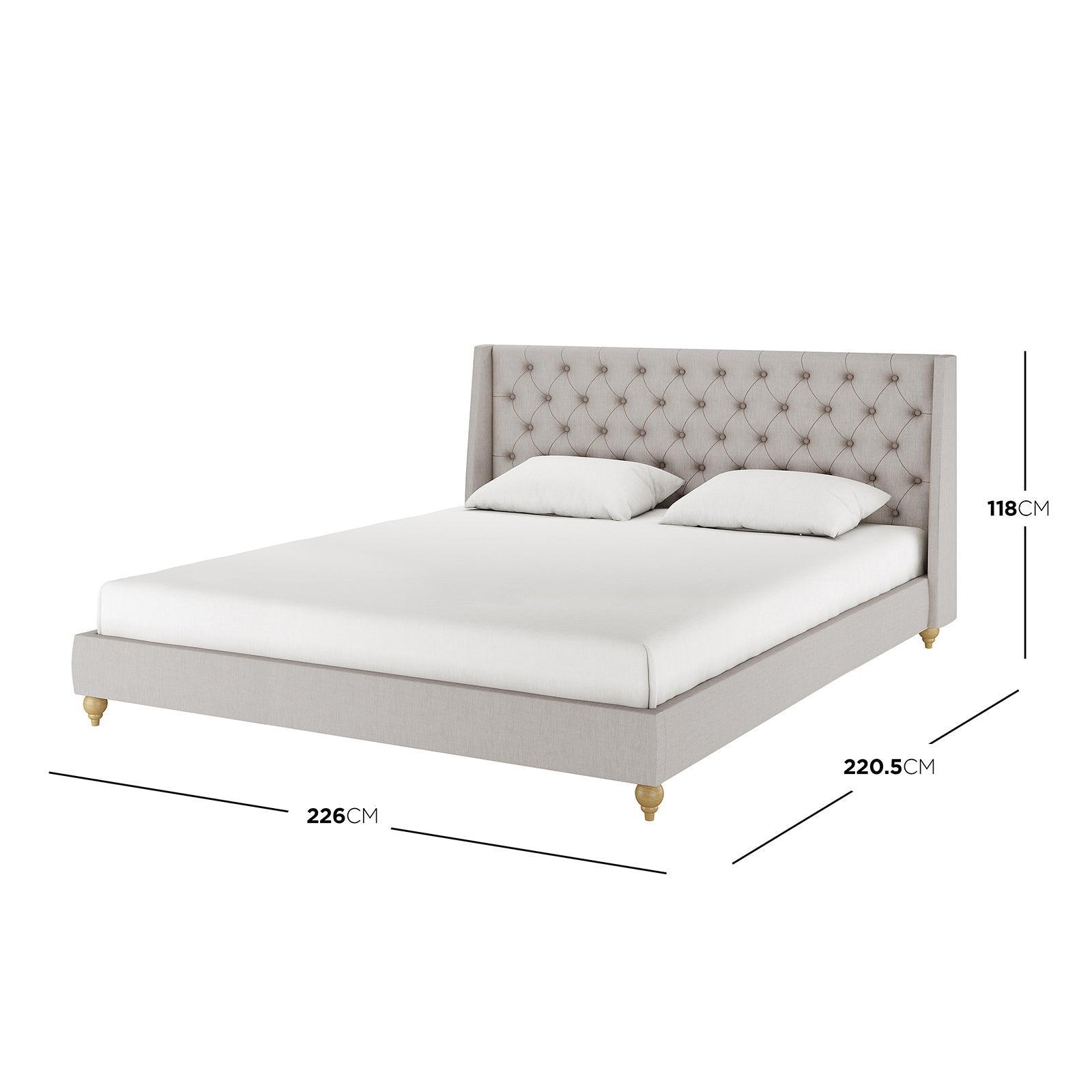 Vilania Tufted Fabric Bed Frame - Super King - Grey, featuring a prominent tufted headboard, visible on a bed with white pillows and sheets, highlighting its elegant design and luxurious grey fabric upholstery.