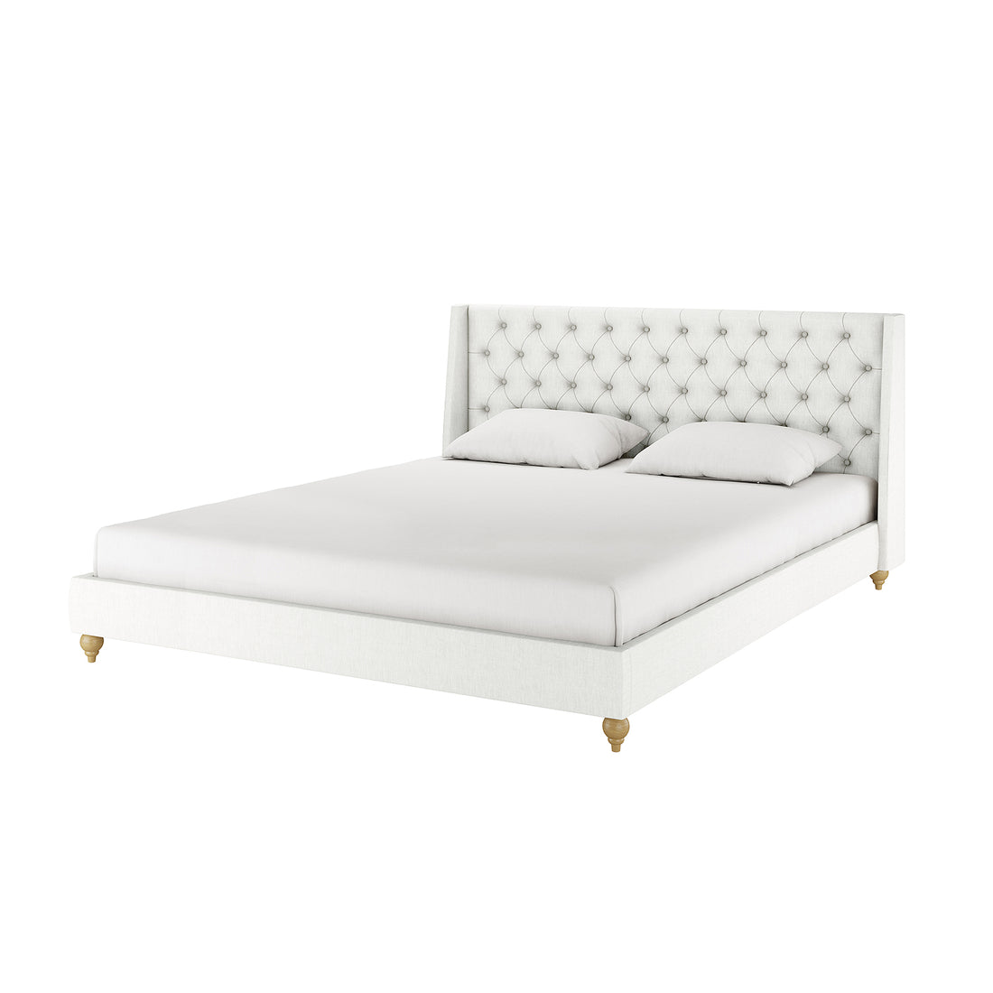 Vilania Tufted Fabric Bed Frame - Super King - Off White features a tall wing-back headboard with deep button tufting, low platform base on turned wood legs, and plain white bedding.