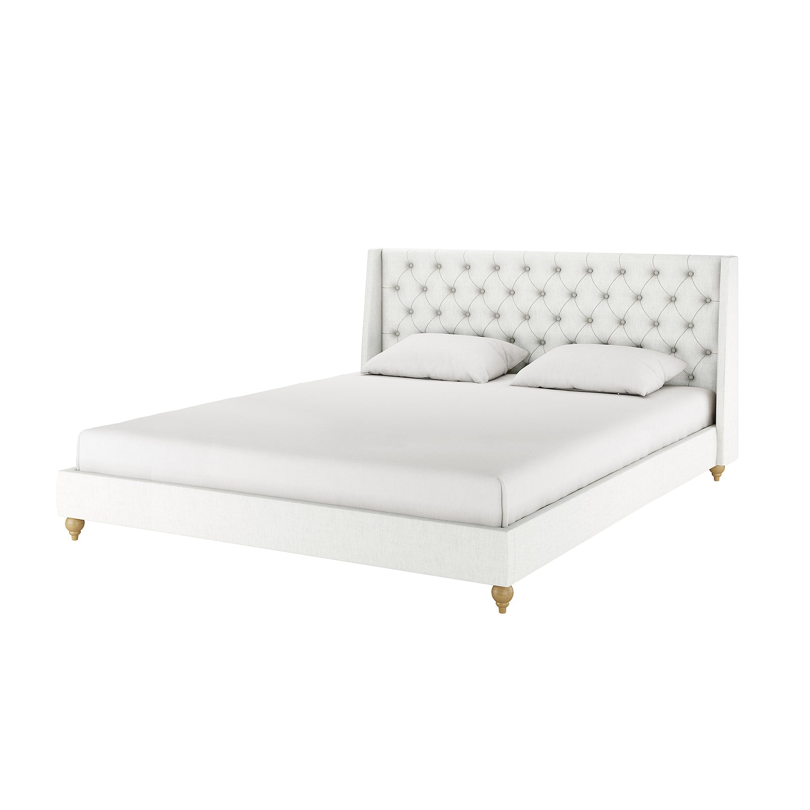 Vilania Tufted Fabric Bed Frame - Super King - Off White features a tall wing-back headboard with deep button tufting, low platform base on turned wood legs, and plain white bedding.