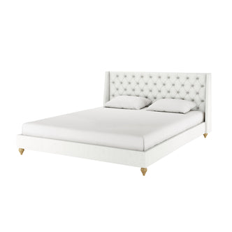 Vilania Tufted Fabric Bed Frame - Super King - Off White features a tall wing-back headboard with deep button tufting, low platform base on turned wood legs, and plain white bedding.