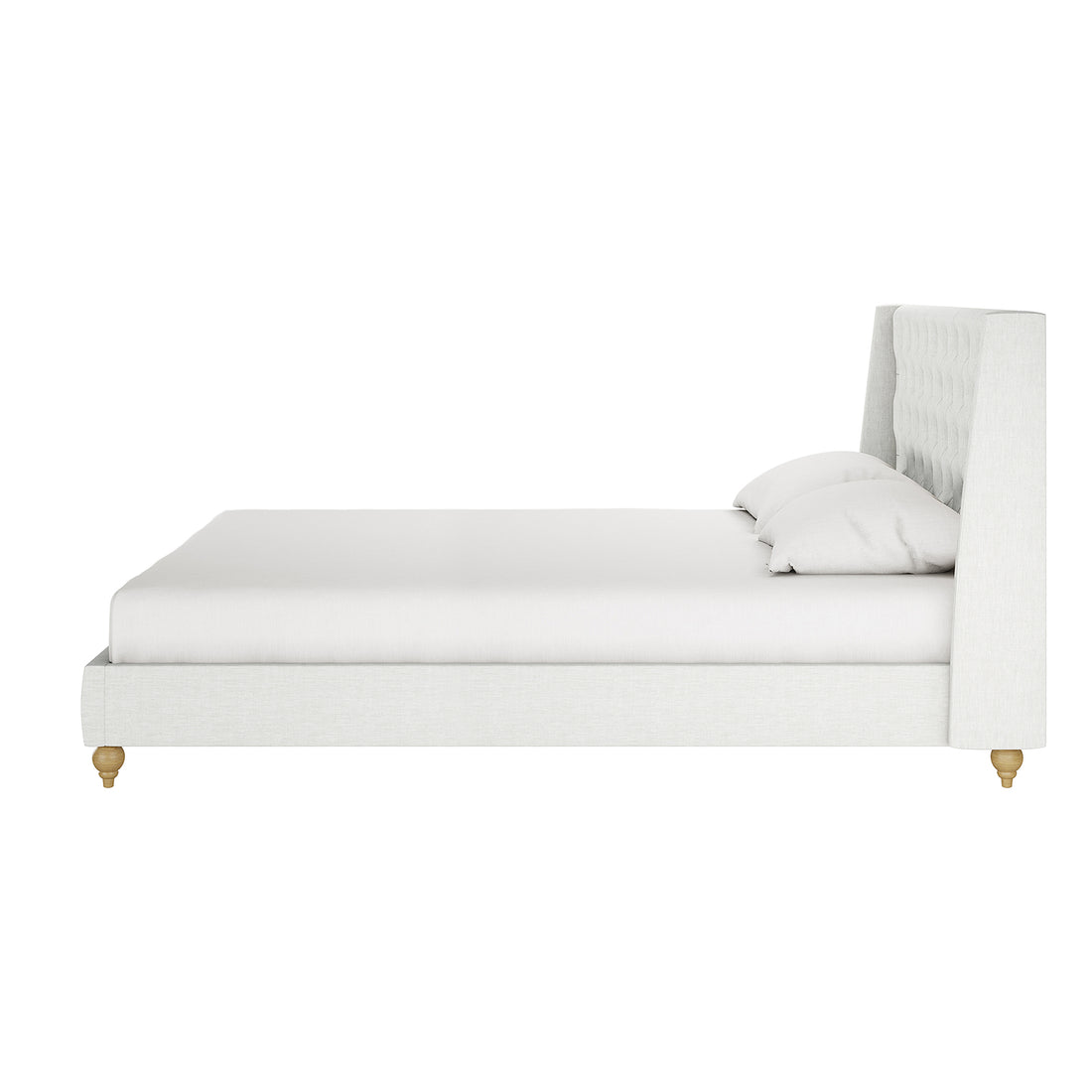 Vilania Tufted Fabric Bed Frame - Super King in off-white, featuring a tall winged headboard with vertical tufting, short wooden legs, matching pillows; a sleek, contemporary design for modern bedrooms.