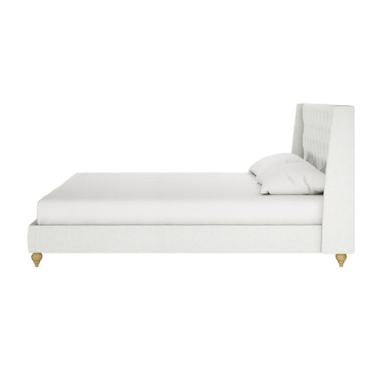 Vilania Tufted Fabric Bed Frame - Super King in off-white, featuring a tall winged headboard with vertical tufting, short wooden legs, matching pillows; a sleek, contemporary design for modern bedrooms.