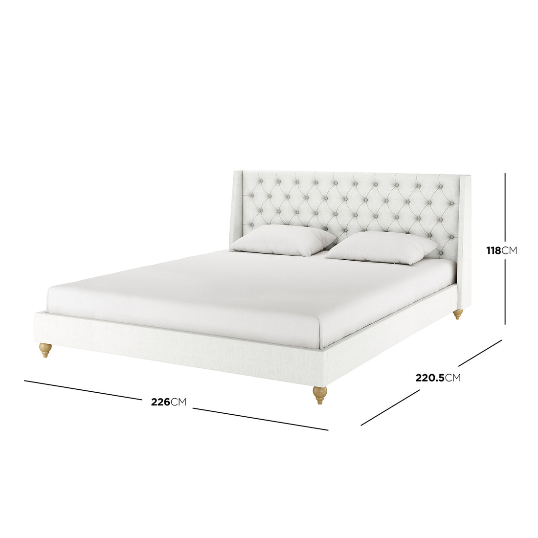 Vilania Tufted Fabric Bed Frame - Super King in off white, featuring a winged, button-tufted headboard, two accent pillows, and turned wooden legs, offering an elegant, upholstered platform design.