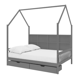 Yileen Kids Bed with Drawers - White Grey: House-shaped platform bed with A-frame roof, slatted rails, cubby shelves as headboard, and two pull-out drawers beneath a white mattress.