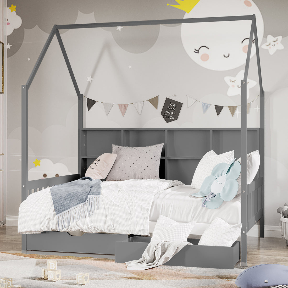 Yileen Kids Bed with Drawers - White Grey: A house-shaped slate-gray bed frame with a pennant banner, cozy linens, storage drawer, and playful decorations, creating a dreamy children's bedroom corner.