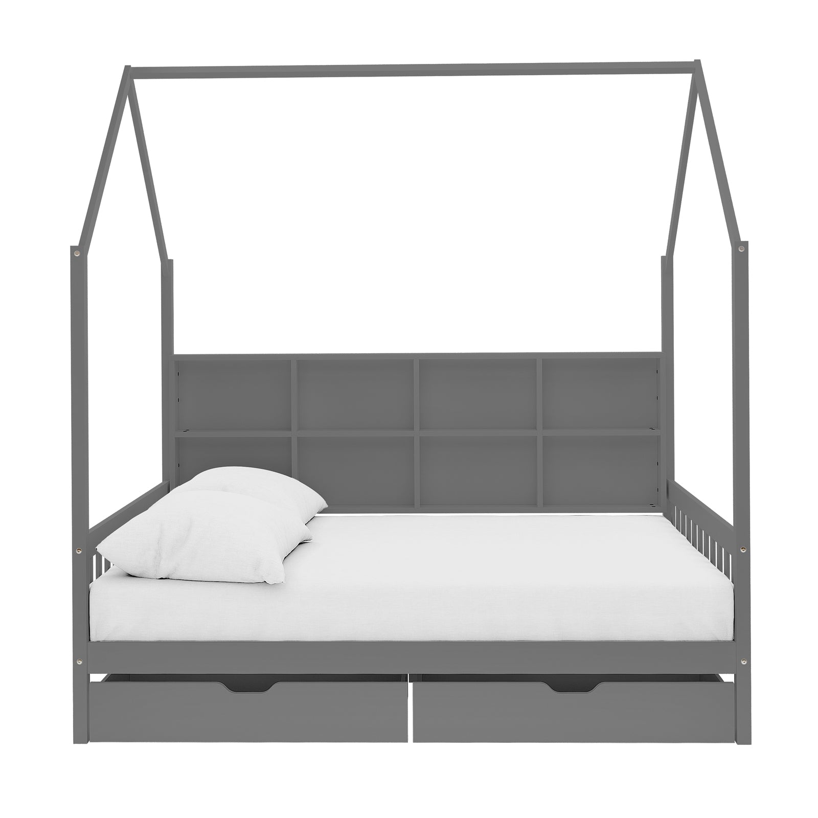 Yileen Kids Bed with Drawers - White Grey features a house-shaped frame with overhead posts, built-in cubby headboard, and two pull-out drawers under a white mattress, offering playful design and storage.