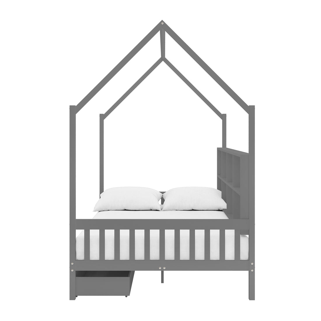 Yileen Kids Bed with Drawers - White Grey: A house-shaped bed frame featuring a peaked roof outline, slatted guardrails, built-in cubby bookshelf, pull-out storage drawer, white mattress, and pillows.
