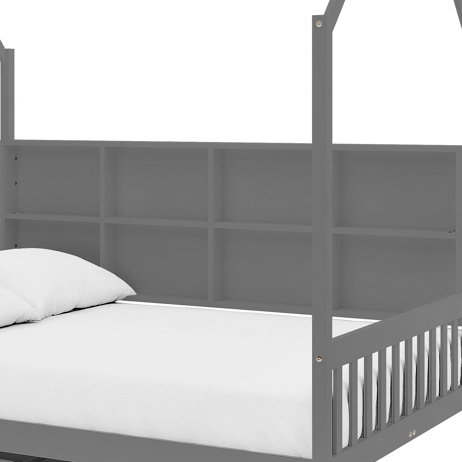 Yileen Kids Bed with Drawers - White Grey features a low-profile, house-shaped frame with a roof-like structure, cubby-style shelf back panel, and white mattress, ideal for imaginative play and tidy storage.