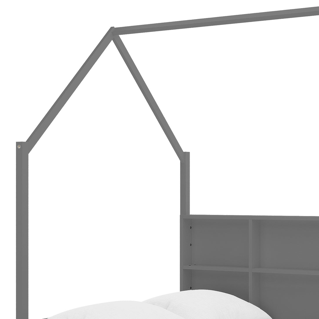 Yileen Kids Bed with Drawers - White Grey: Close-up of a grey metal house-shaped frame with cubby-style shelves at the headboard, showcasing a playful design ideal for children's bedrooms.