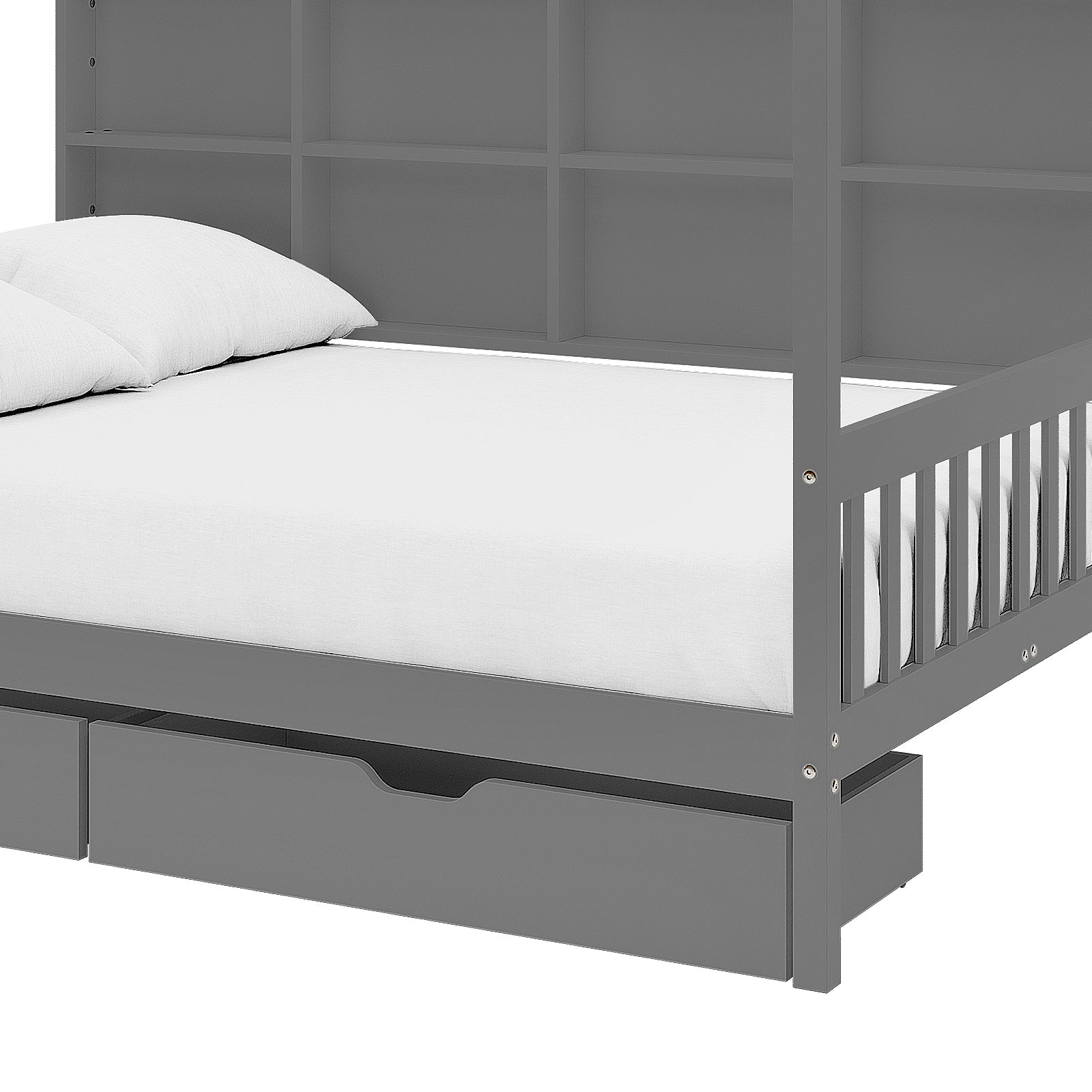 Yileen Kids Bed with Drawers - Grey: A gray wooden low loft bed with a white mattress, built-in shelving, and two pull-out drawers underneath for storage, crafted from solid pine for durability.