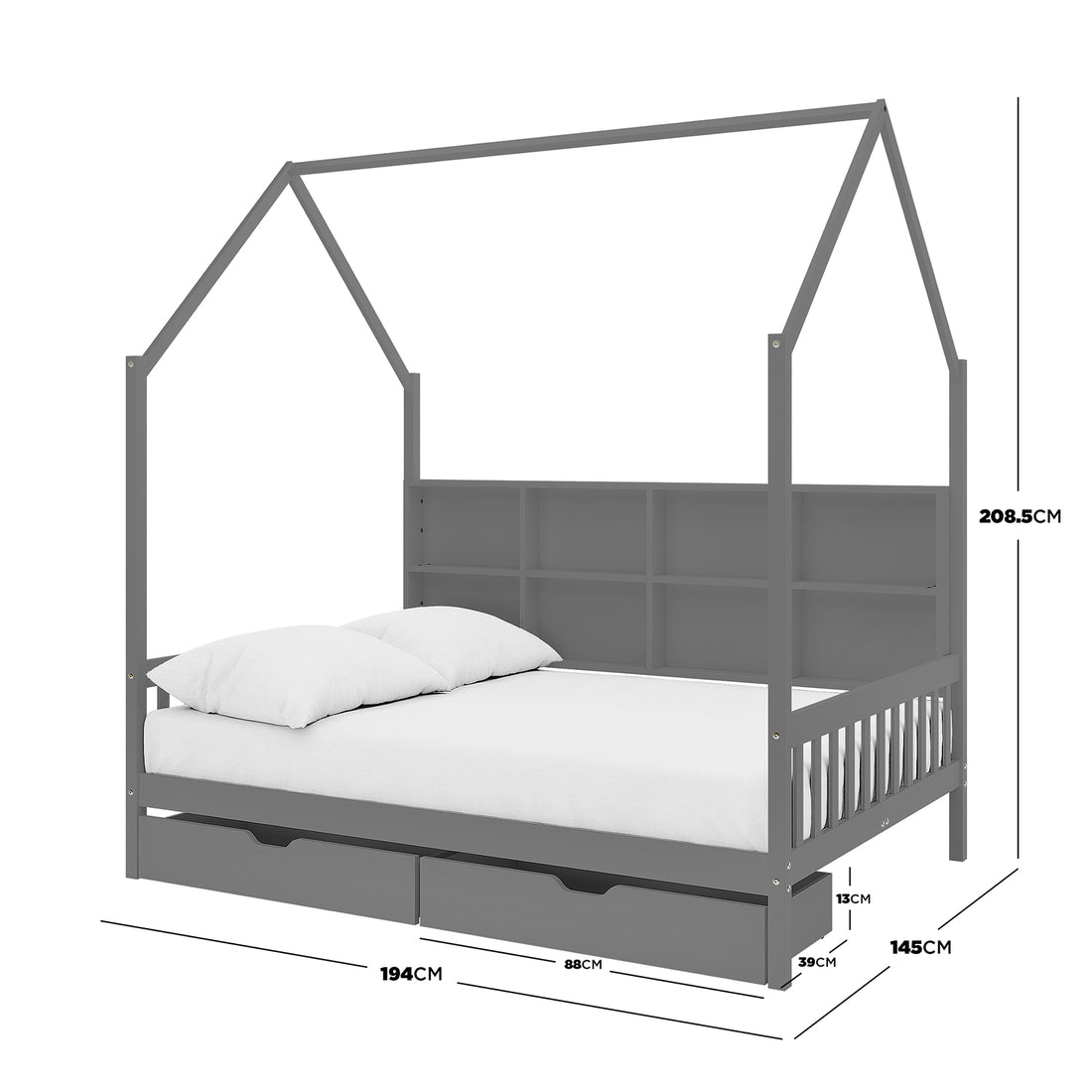 Yileen Kids Bed with Drawers - White Grey: House-shaped wooden bed frame with roof canopy posts, built-in headboard shelves, and two large pull-out drawers under a simple white mattress and pillows.