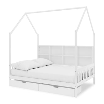 Yileen Kids Bed with Drawers - White: A house-shaped children's bed frame with a peaked roof, built-in headboard cubby shelves, a mattress, two pillows, and two pull-out storage drawers beneath.