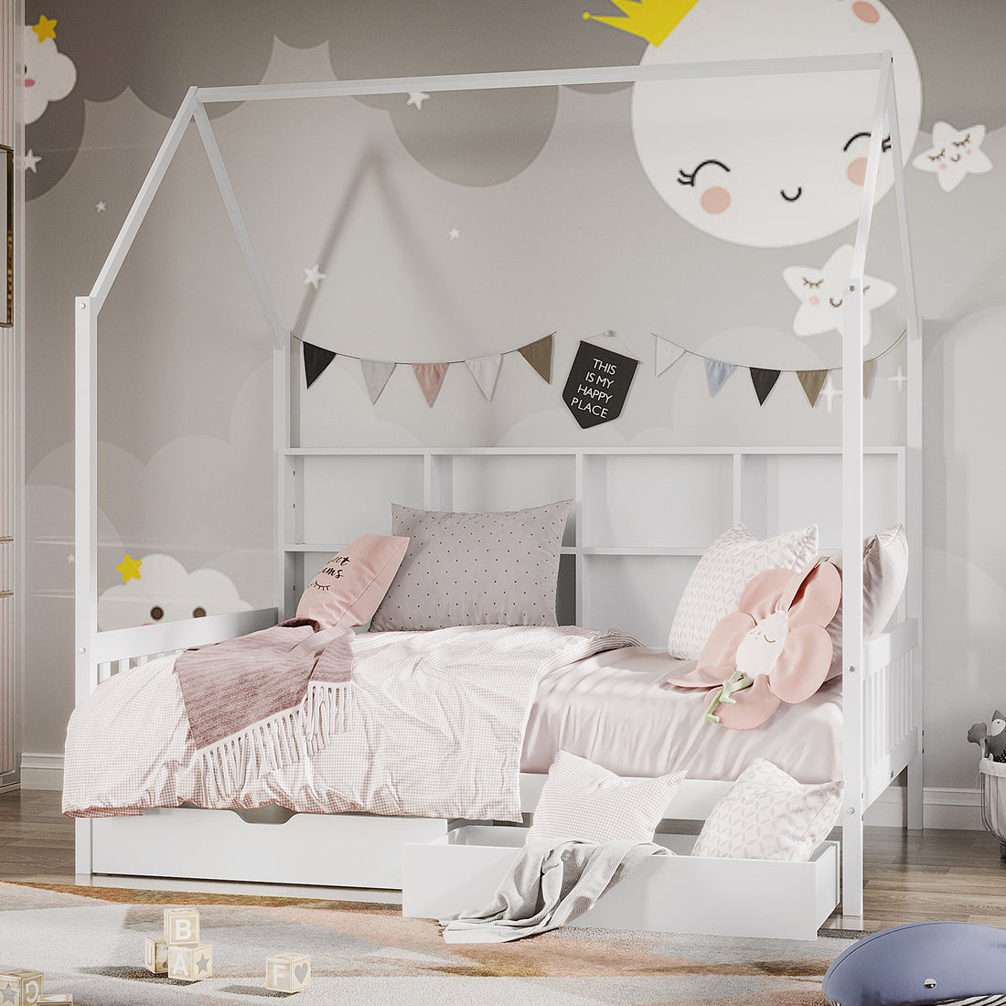 Yileen Kids Bed with Drawers - White, featuring a house-shaped frame, soft bedding, pull-out drawer with pillows, and a decorative pennant string, set against a cloud-and-moon mural in a cozy child's room.