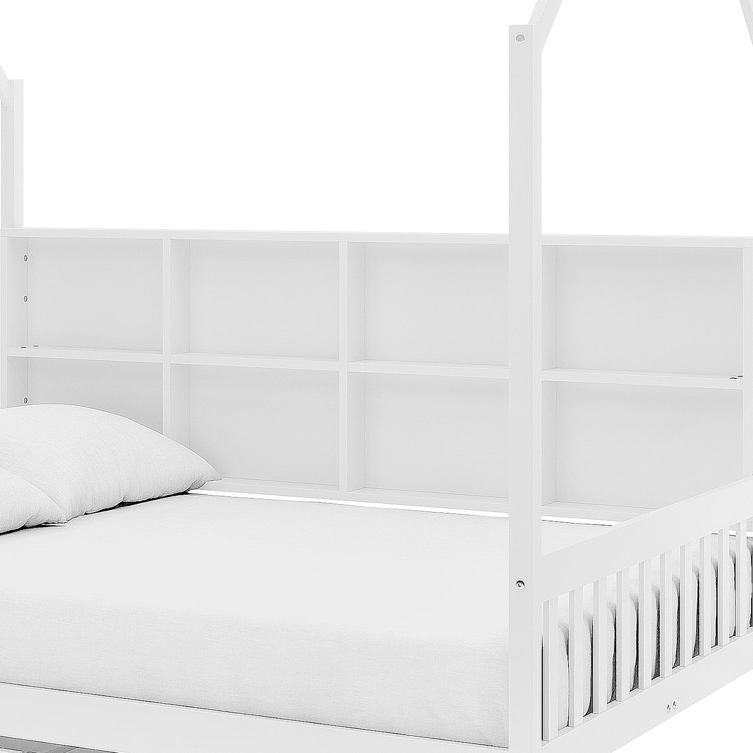 Yileen Kids Bed with Drawers - White: A house-shaped wooden frame with built-in shelving and cubby compartments, featuring a visible mattress and slatted footboard, designed for imaginative play and space-saving functionality.