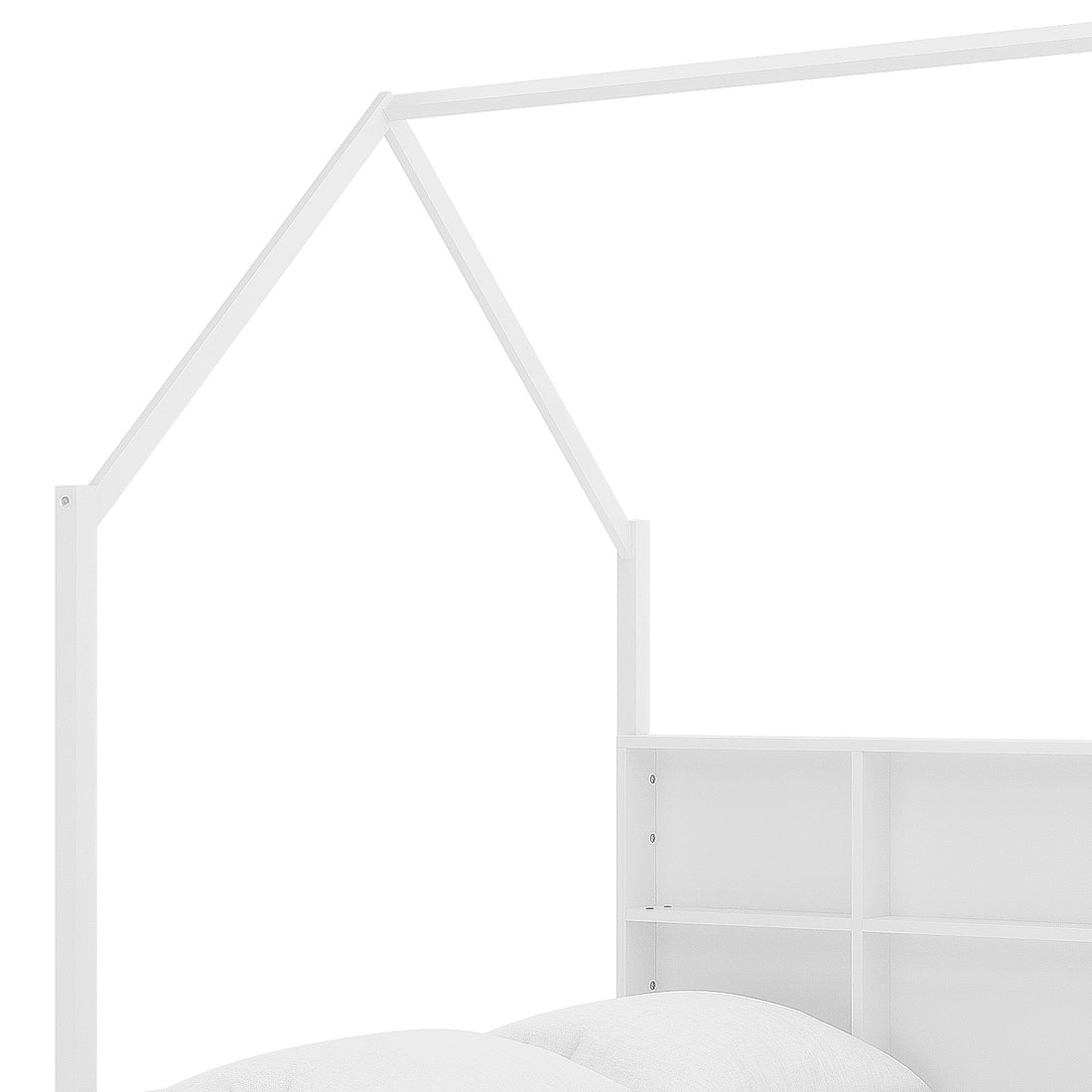 Yileen Kids Bed with Drawers - White features a house-shaped frame with a triangular roof and open shelving on the headboard, glimpsing a mattress edge below, highlighting its playful and functional design.