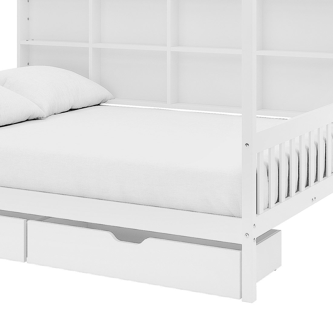 Yileen Kids Bed with Drawers - White features a solid pine frame with built-in shelving and two pull-out drawers, designed as a loft bed with a mattress and pillows on the lower level.