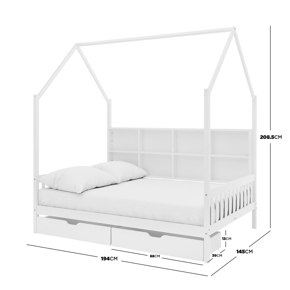 Yileen Kids Bed with Drawers - White, featuring a house-shaped frame with a roof outline, built-in cubby shelving headboard, mattress, and two under-bed storage drawers on a slatted base.