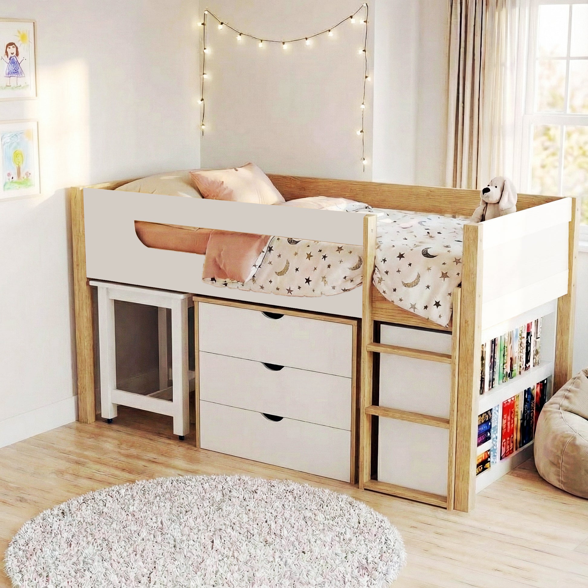 Yuri Storage Loft Bed with Pull Out Desk in White & Natural features a twin-sized loft with a ladder, bedding with stars, a pull-out desk, drawers, shelves, and fairy lights.