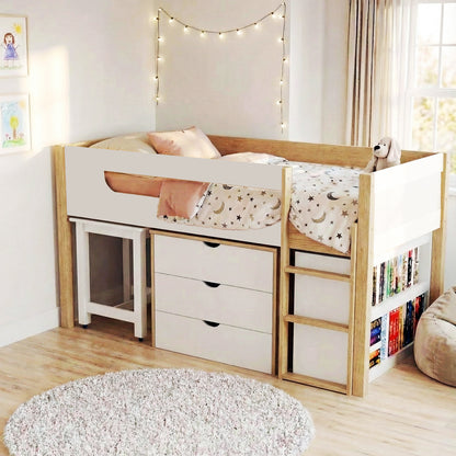 Yuri Storage Loft Bed with Pull Out Desk in White & Natural features a twin-sized loft with a ladder, bedding with stars, a pull-out desk, drawers, shelves, and fairy lights.