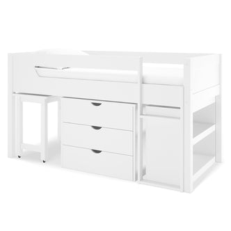 Yuri Solid Pine Storage Loft Bed with Pull Out Desk in White features a raised bed with a front guard-rail, central three-drawer chest, left rolling table, and right open shelving for efficient space use.