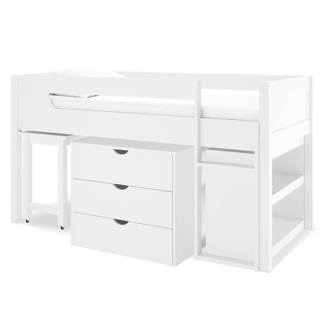 Yuri Solid Pine Storage Loft Bed with Pull Out Desk features a raised bed frame with guard rails, a three-drawer chest, open shelving, and a small rolling table underneath for space-saving functionality.