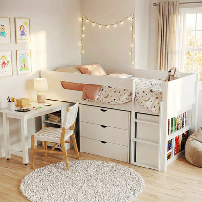 Yuri Solid Pine Storage Loft Bed with Pull Out Desk in White features a raised bed with moon-themed bedding, built-in storage, a desk, and fairy lights, creating a cozy, organized children's corner.