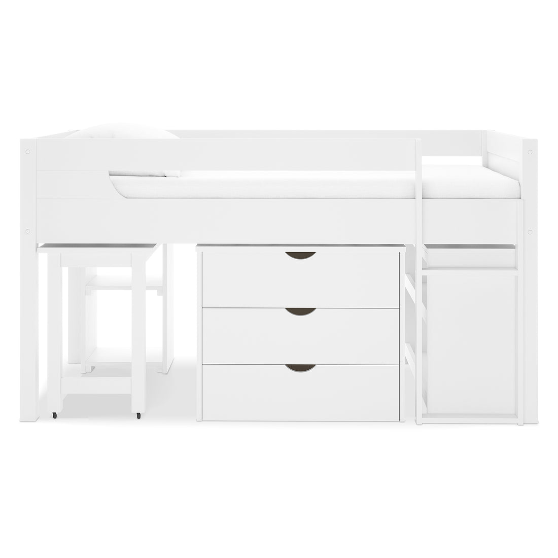 Yuri Solid Pine Storage Loft Bed with Pull Out Desk in White, featuring a raised platform with safety rails, a built-in three-drawer chest, pull-out desk with stool, and cubby shelf underneath.