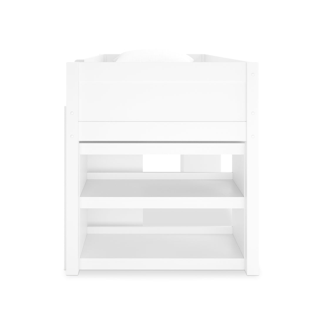 Yuri Solid Pine Storage Loft Bed with Pull Out Desk in White featuring a loft-style single bed on side panels and two wide shelves underneath, ideal for storage or a compact desk area.