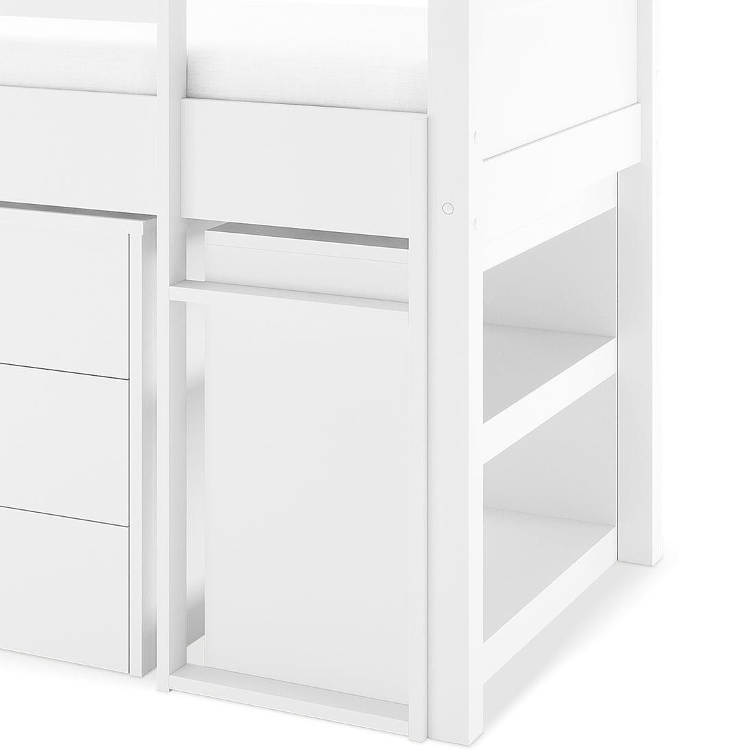Yuri Solid Pine Storage Loft Bed with Pull Out Desk in White features built-in chest drawers, a sliding panel desk, and shelf-style ladder steps for storage, optimizing space and utility.
