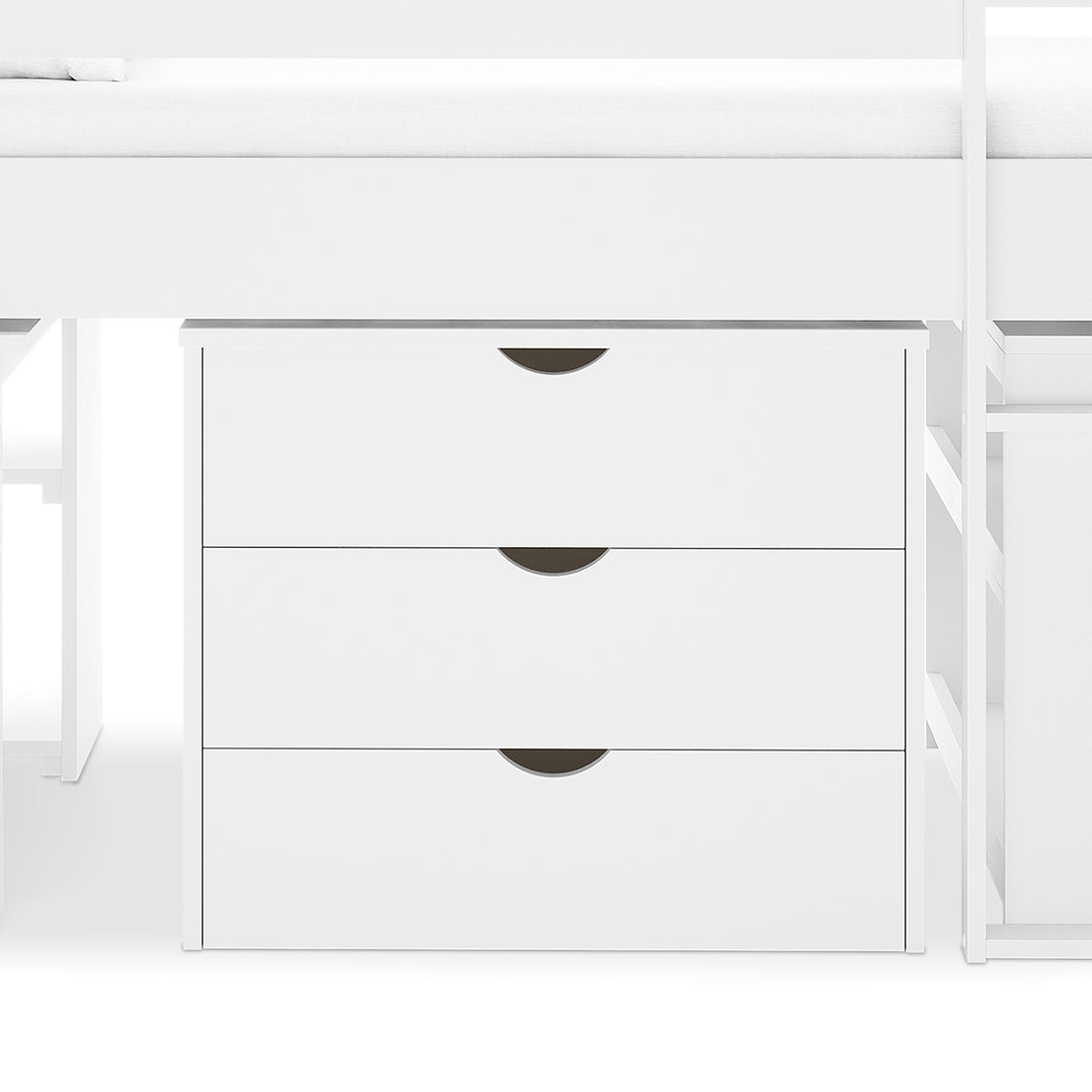 Yuri Solid Pine Storage Loft Bed with Pull Out Desk in White, featuring a white three-drawer storage unit under a lofted bed with semi-circular recessed pull cutouts for each drawer.