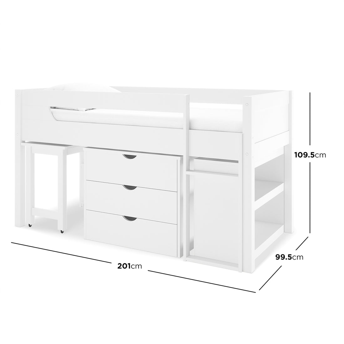 Yuri Solid Pine Storage Loft Bed with Pull Out Desk in White, featuring a raised bed, three-drawer chest, rolling stool, and open shelving underneath, perfect for maximizing space and functionality.
