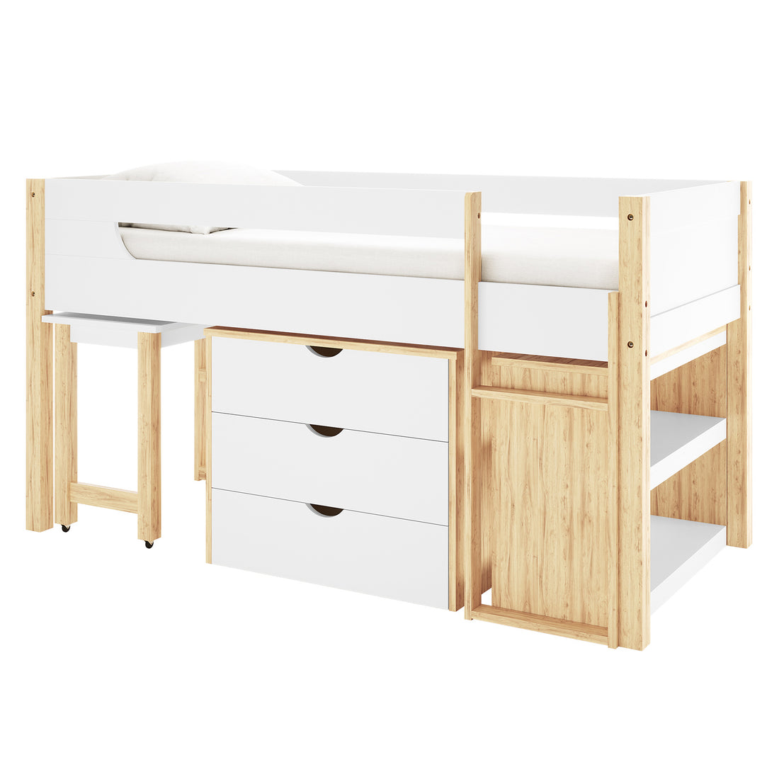 Yuri Storage Loft Bed with Pull Out Desk in White & Natural: space-efficient bed with raised guard-railed platform, integrated drawers, open shelves, pull-out desk on castors, and built-in ladder for modern living.