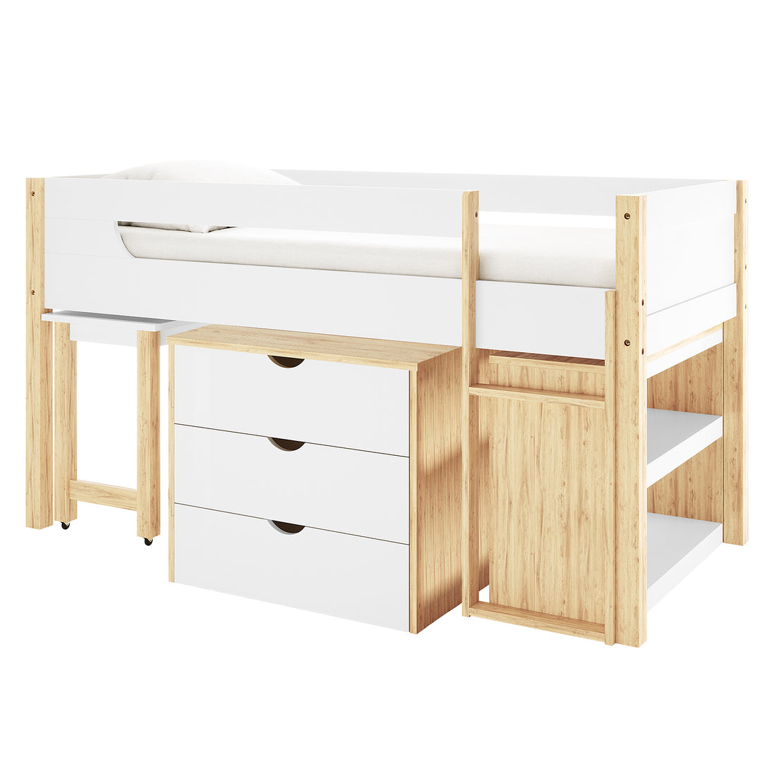 Yuri Storage Loft Bed with Pull Out Desk in White & Natural features a loft-style bed frame with integrated dresser, built-in ladder, pull-out desk on casters, and open shelves for organized storage.
