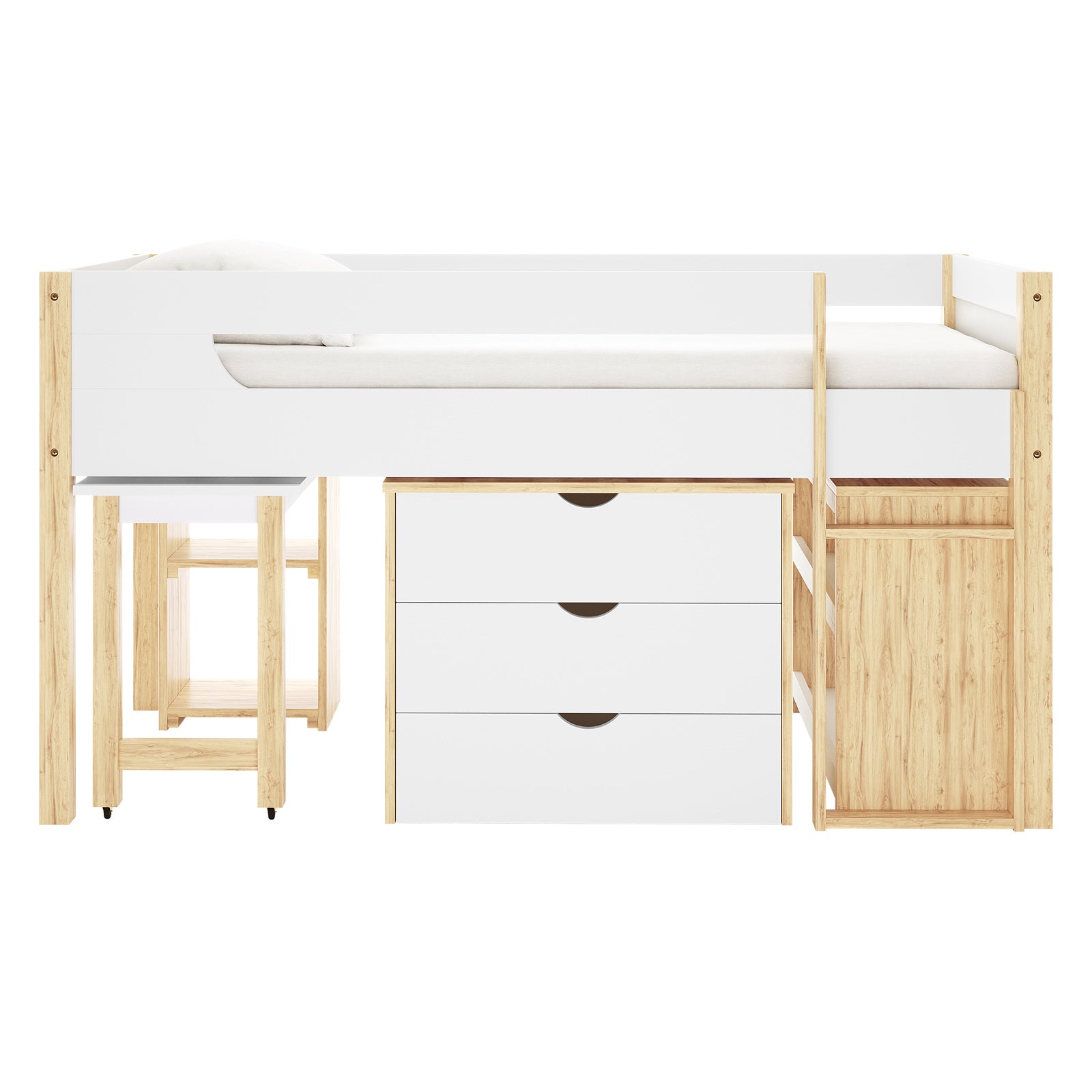 Yuri Storage Loft Bed with Pull Out Desk in White & Natural features a light-toned wood frame, three-drawer dresser, pull-out desk, and tall cupboard, offering a compact, multifunctional bedroom solution.