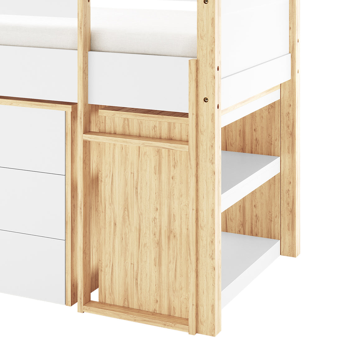 Yuri Storage Loft Bed with Pull Out Desk in White & Natural features a light-toned wood frame with white accents, built-in drawers, bottom bunk shelves, and a top bunk mattress platform.