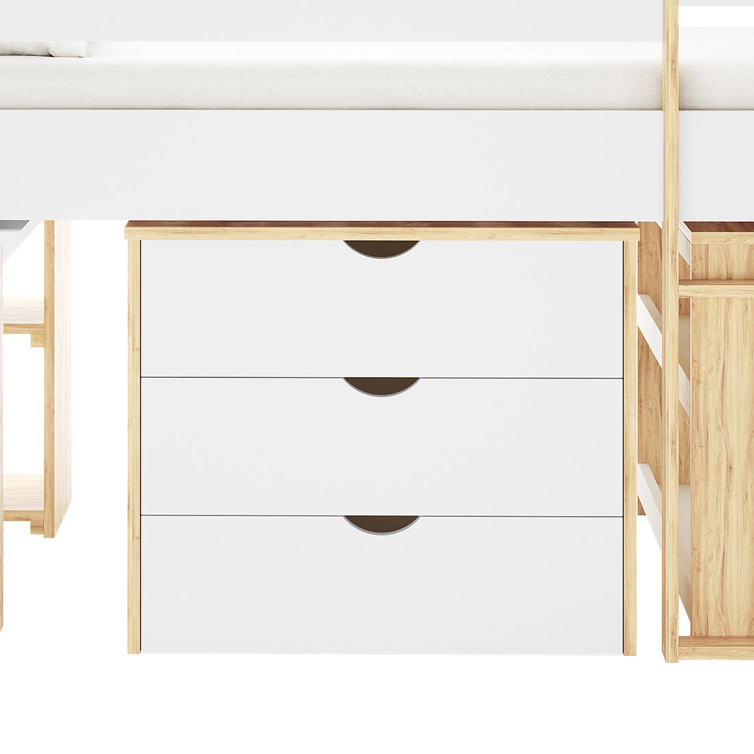 Yuri Storage Loft Bed with Pull Out Desk in White & Natural, featuring a sleek dresser with three white drawers in a light-wood frame, positioned under a lofted bed platform for optimal space efficiency.