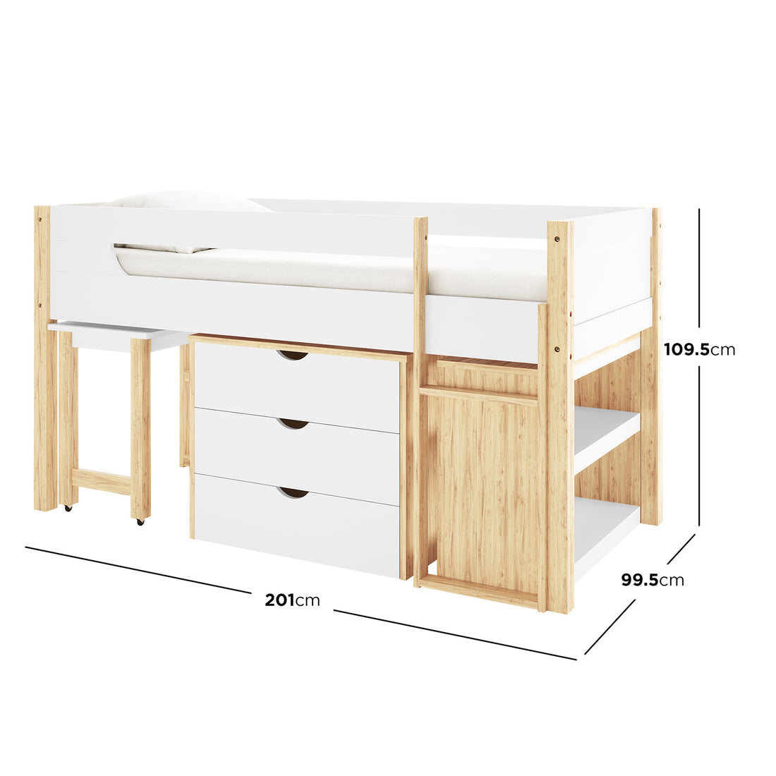 Yuri Storage Loft Bed with Pull Out Desk in White & Natural: Mid-height bed with safety rails, under-bed storage, three-drawer cabinet, pull-out desk, and open shelving, perfect for space-saving in kids' or teens' rooms.